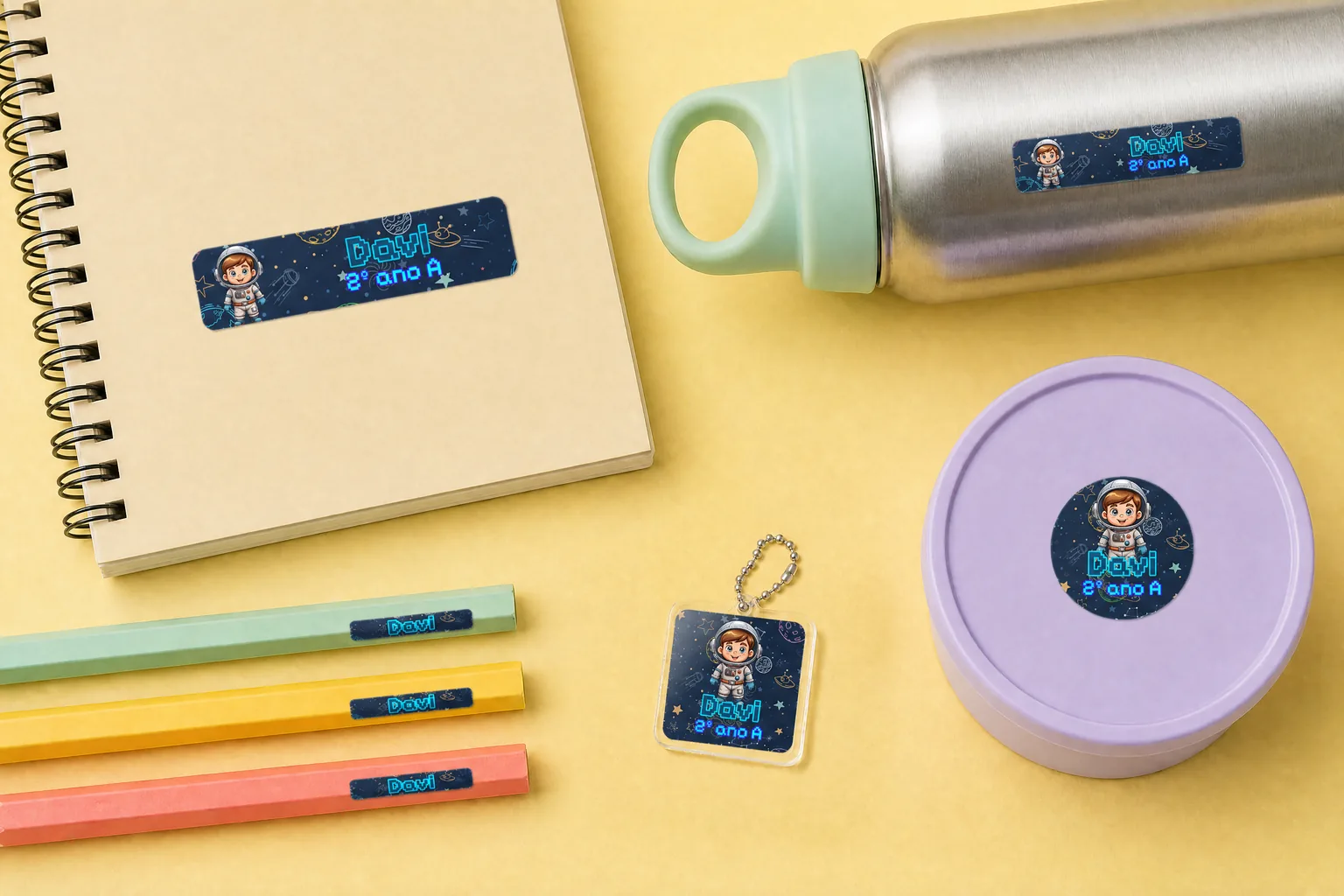 Caderno, garrafinha, pote, lápis e chaveiro com etiquetas de astronauta e o nome Davi