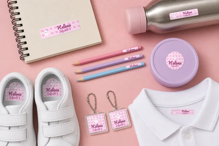 Caderno, garrafinha, pote, lápis, tênis, uniforme e dois chaveiros com etiquetas de unicórnio e o nome Helena