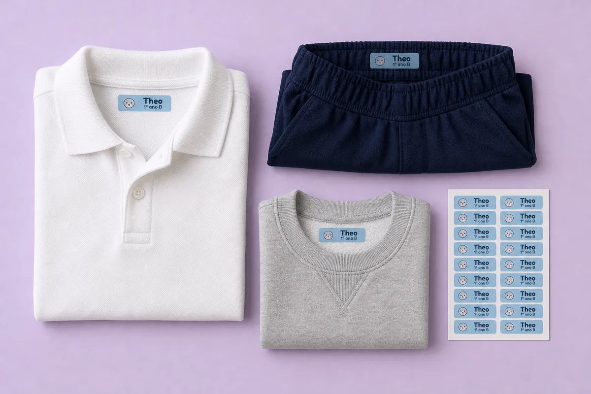 Polo, short e moletom com etiquetas termocolantes de foquinha e o nome Theo, e uma folha de etiquetas
