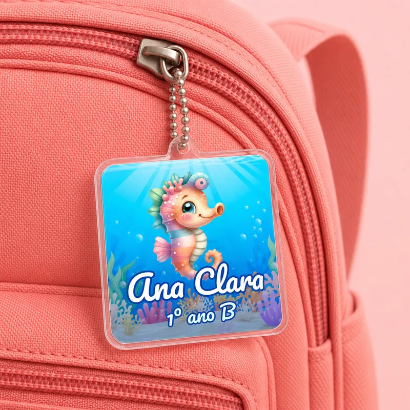 Mochila com chaveiro de acrílico do fundo do mar e o nome Ana Clara