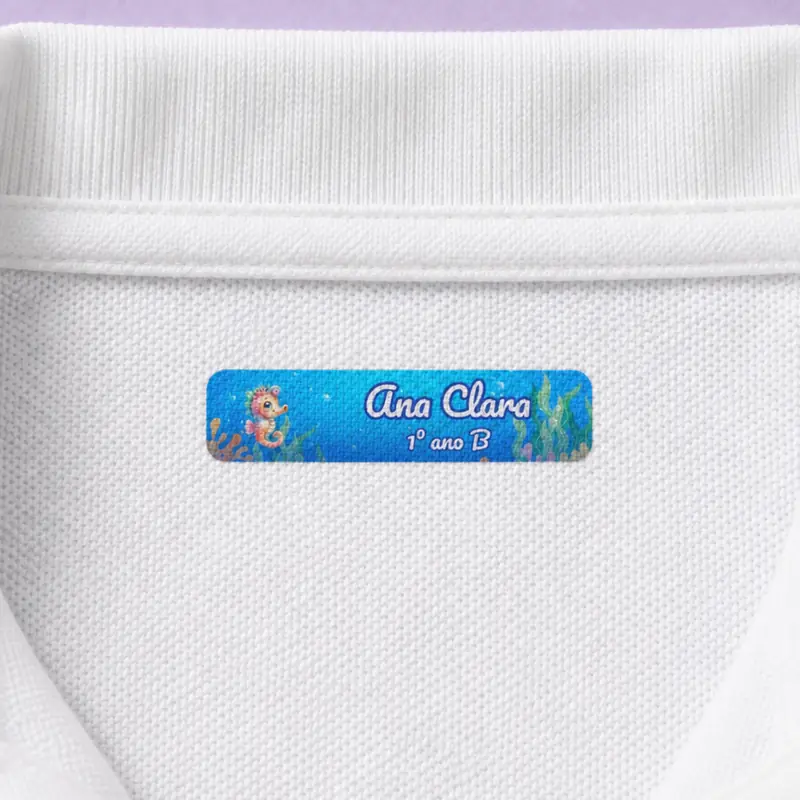 Gola de uniforme com etiqueta termocolante e o nome Ana Clara