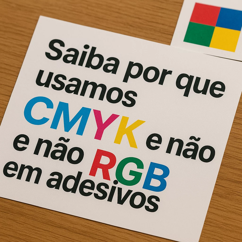 Cartão sobre mesa de madeira com a frase Saiba por que usamos CMYK e não RGB em adesivos