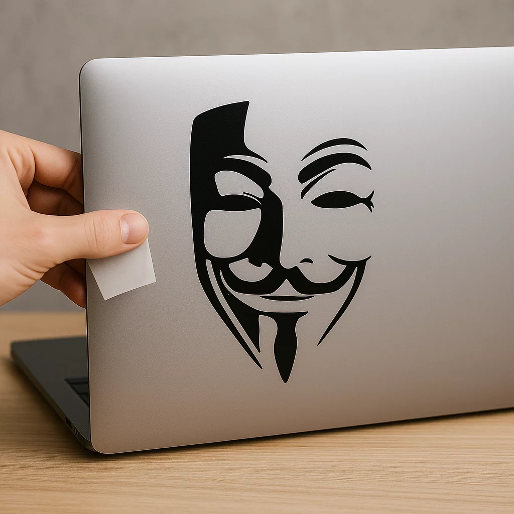 Adesivo mascarado preto recortado em forma de rosto com bigode na tampa de um notebook