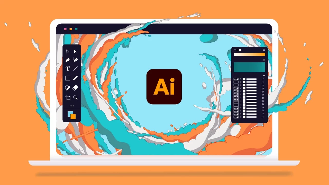 Tela de notebook com programa de desenho em vetor aberto e o logo do Adobe Illustrator em fundo laranja