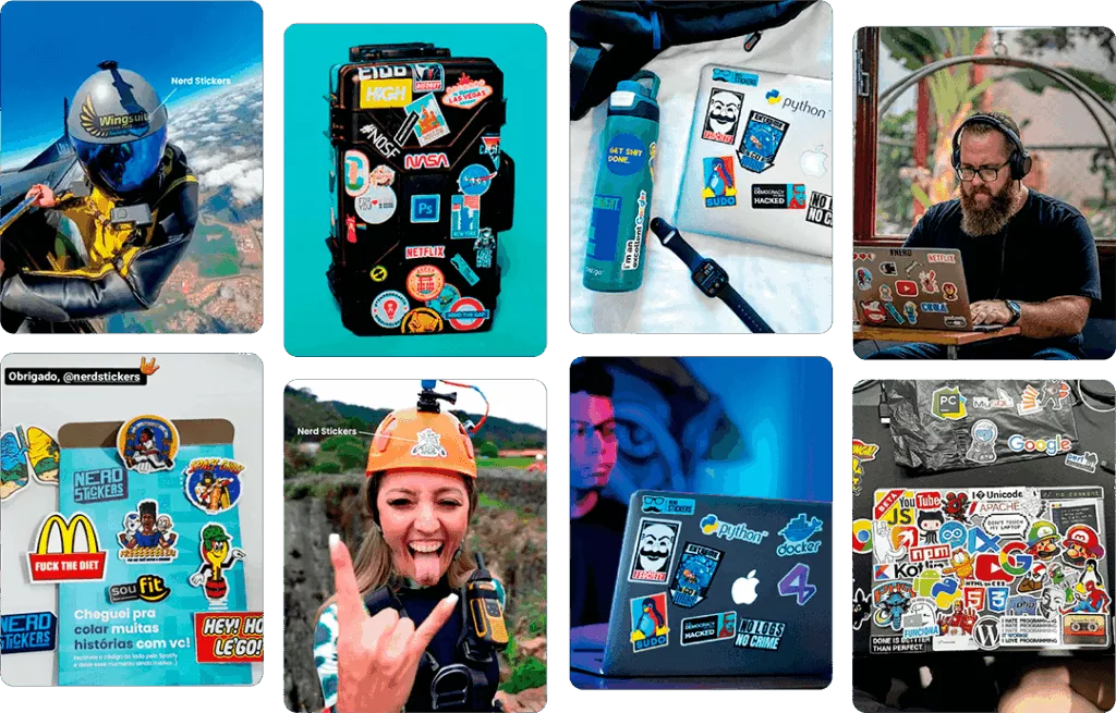 Clientes com stickers da Nerd em capinhas, notebooks, garrafas e capacetes