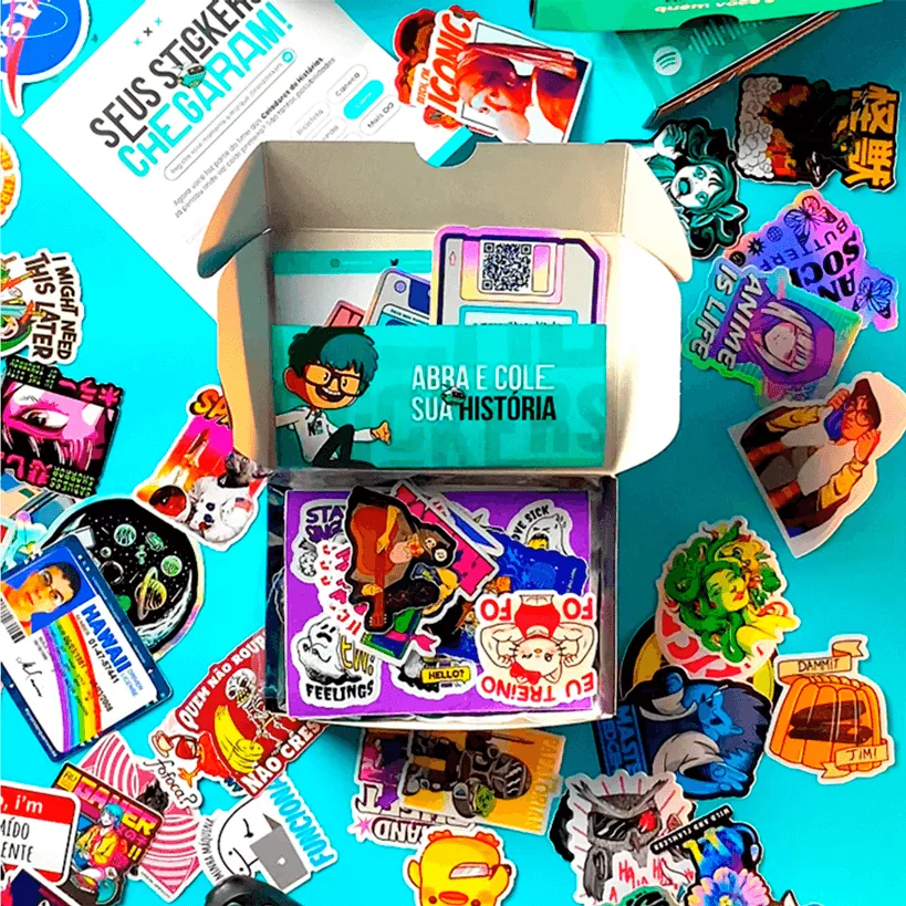 Sticker Box aberta, com os adesivos espalhados em volta