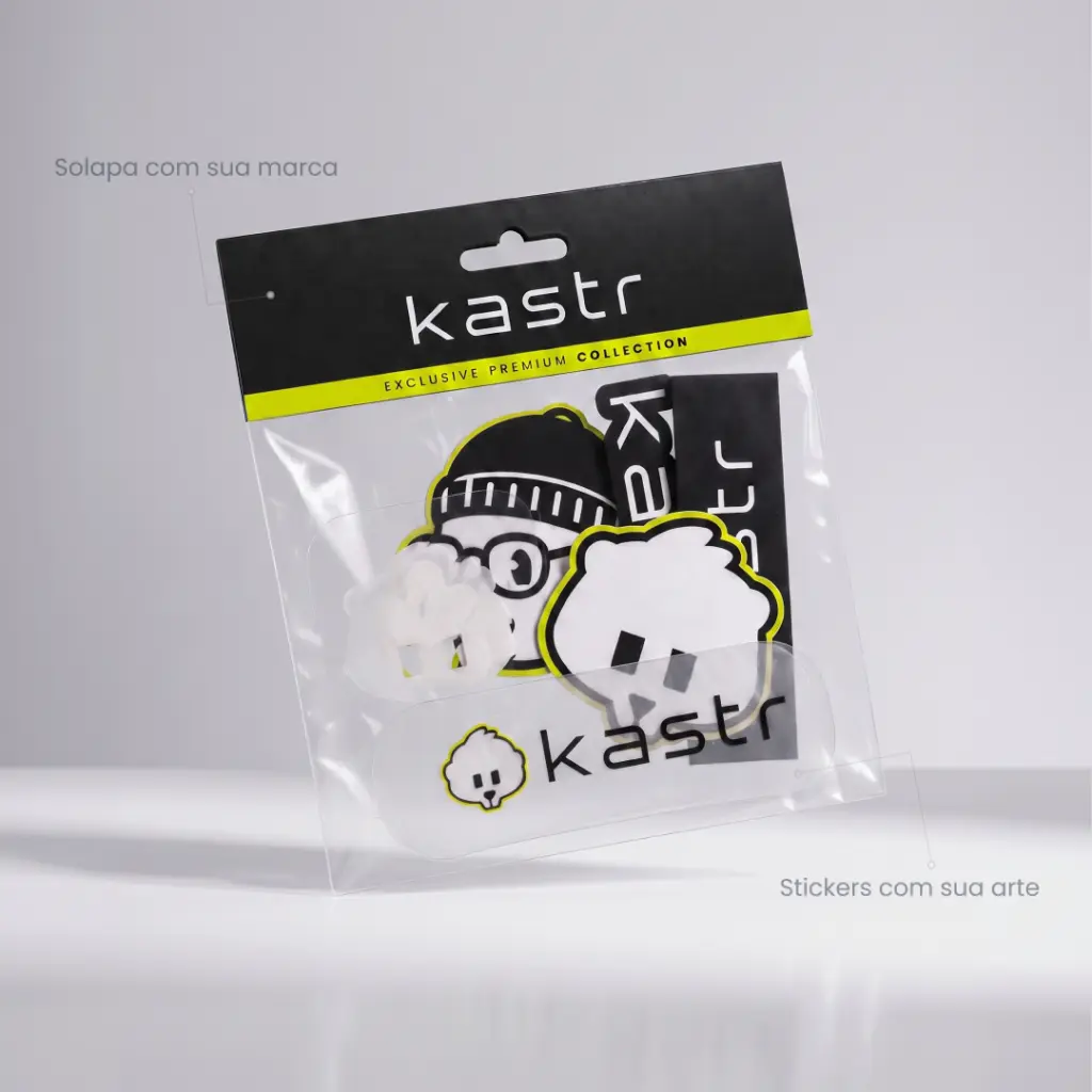 Sticker pack com solapa e stickers personalizados com a marca do cliente