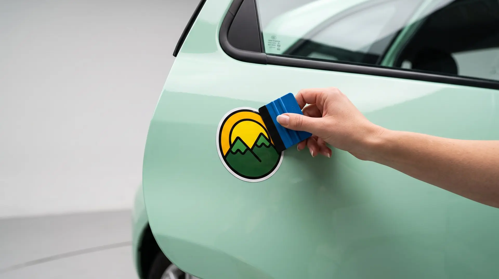 Adesivo para carro personalizado sendo alisado com espátula na porta de um carro verde-claro