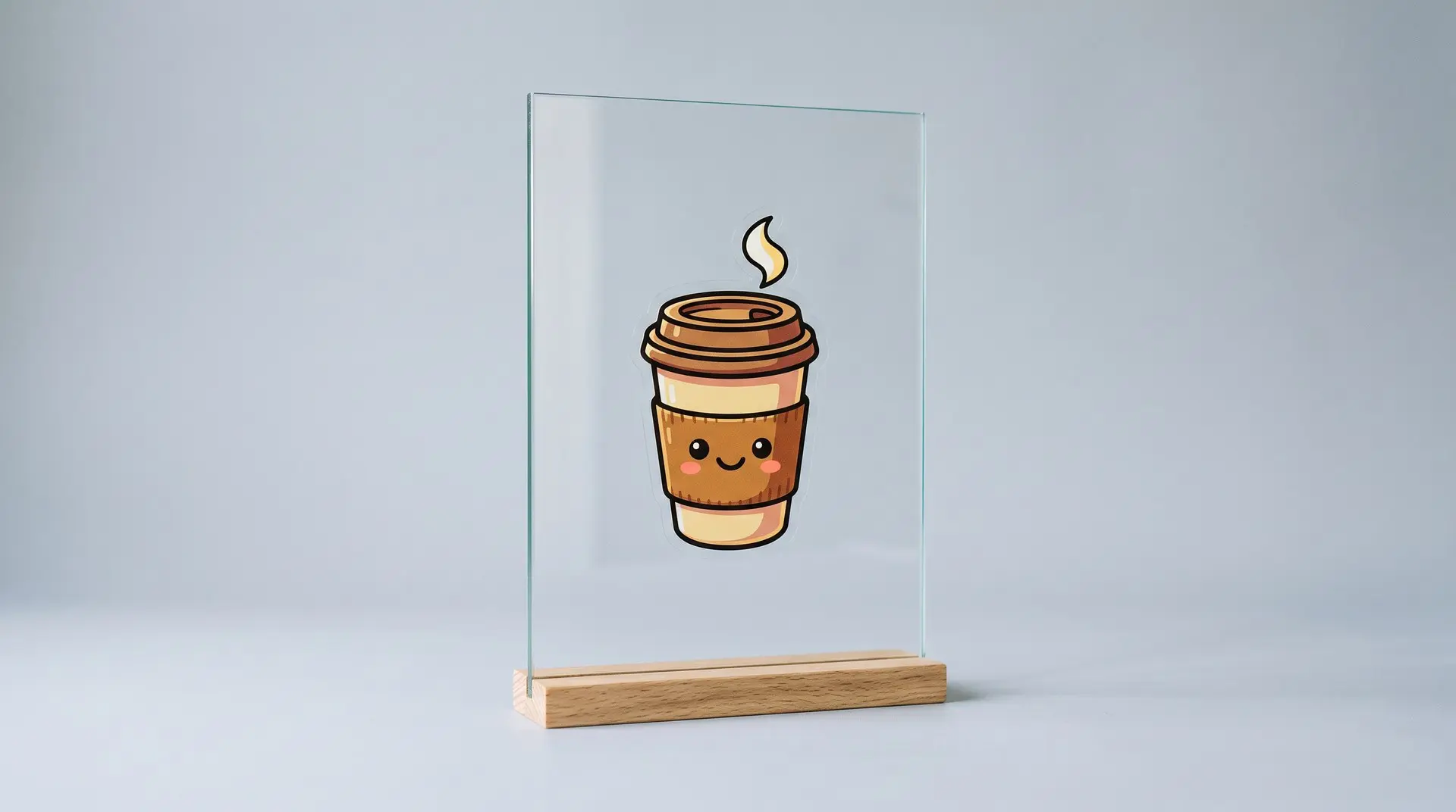 Adesivo transparente personalizado de xícara de café colado em painel de vidro