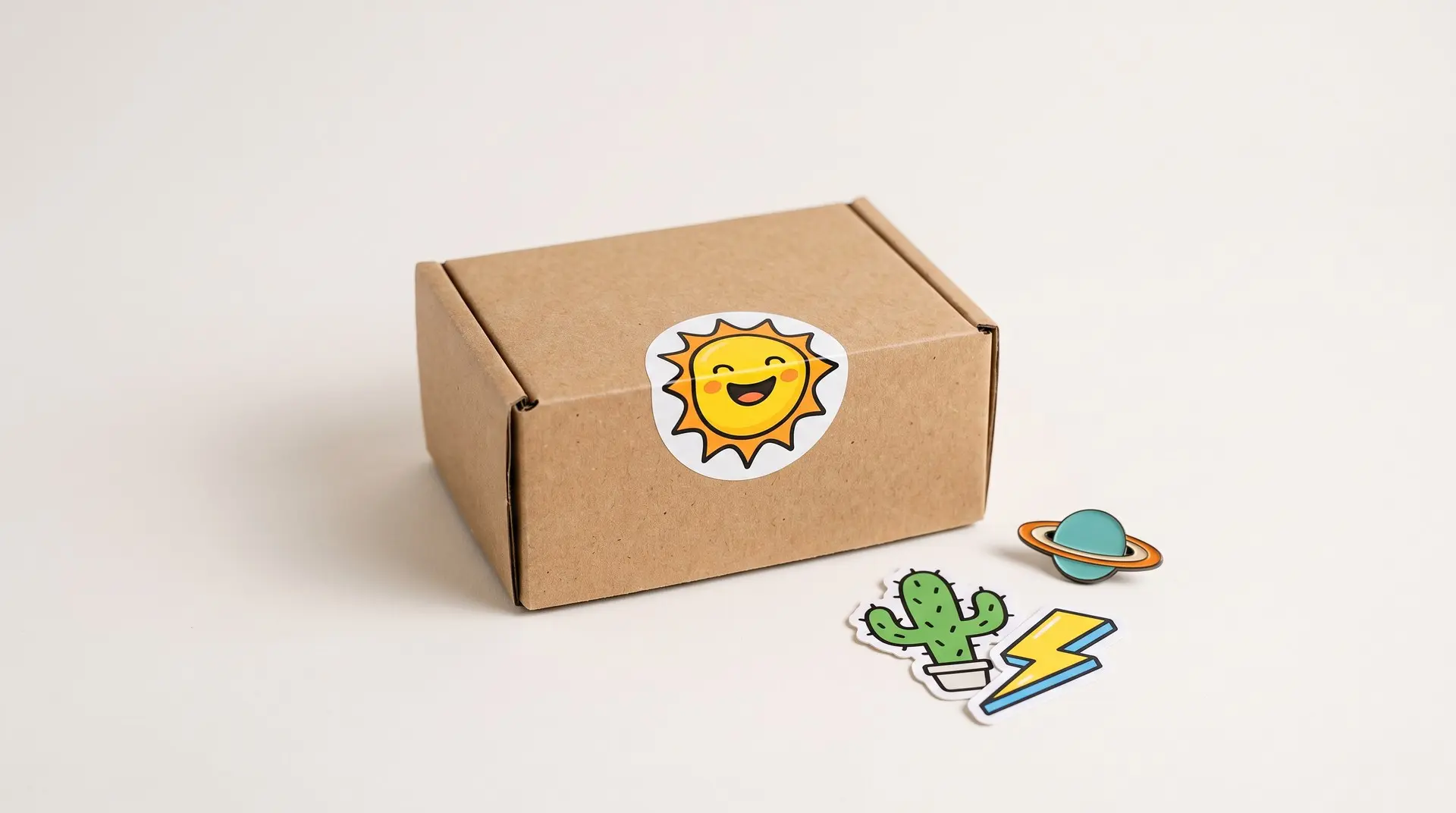 Caixa kraft com selo redondo, adesivos e pin, ideias de brindes baratos para clientes
