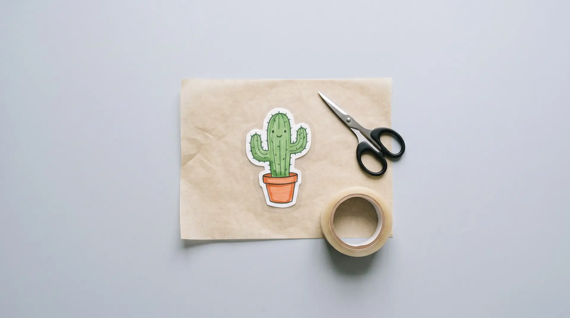 Desenho de cacto, fita larga, tesoura e papel manteiga para fazer adesivos em casa