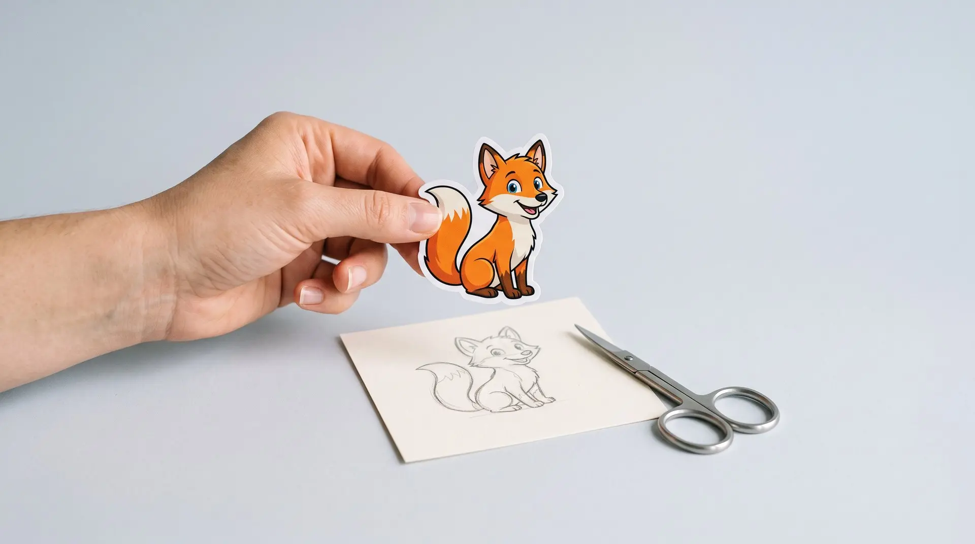 Mão segurando adesivo personalizado de raposa ao lado do esboço a lápis e da tesoura