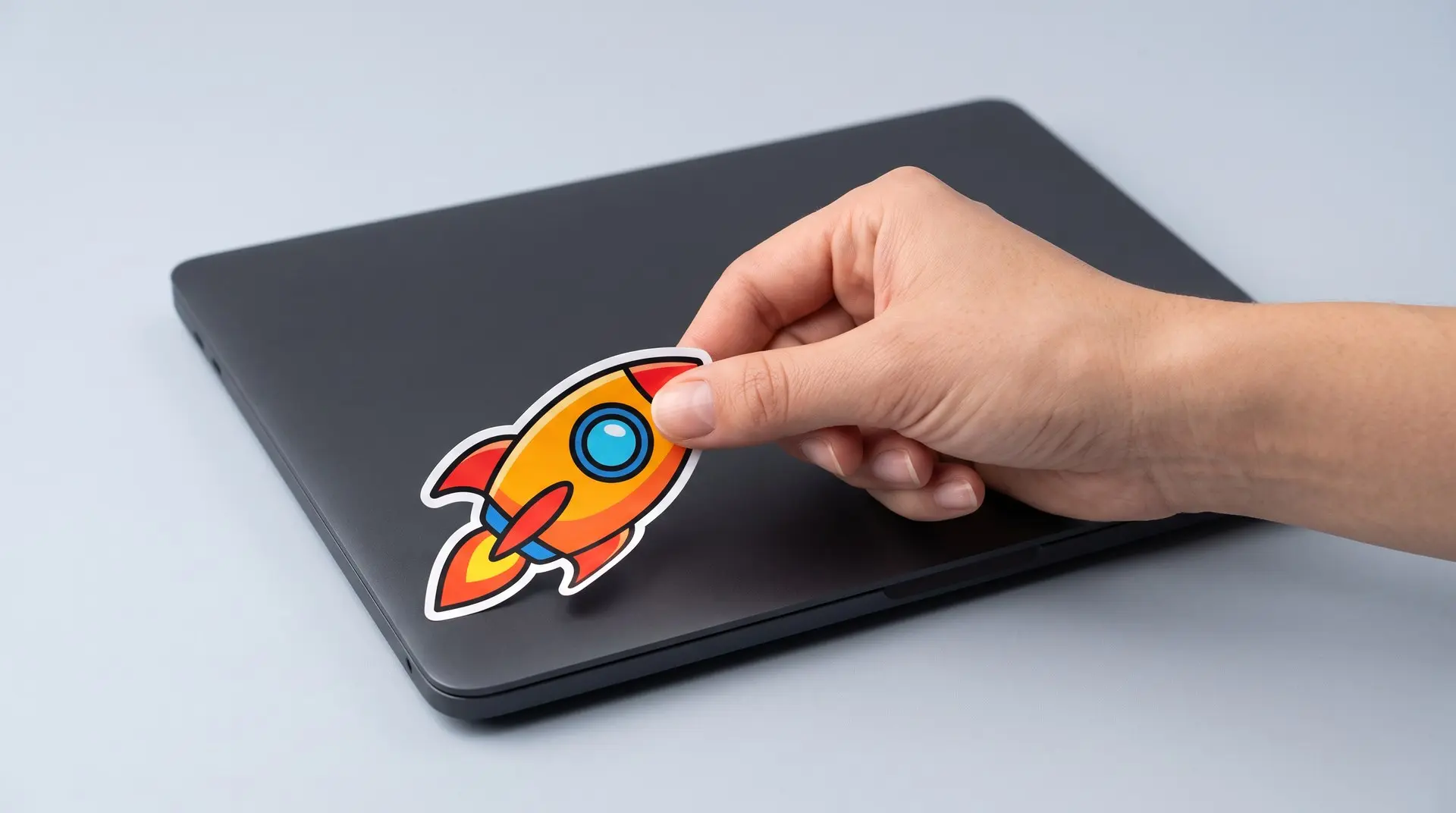 Mão puxando adesivo pela ponta para remover sem deixar cola na tampa do notebook
