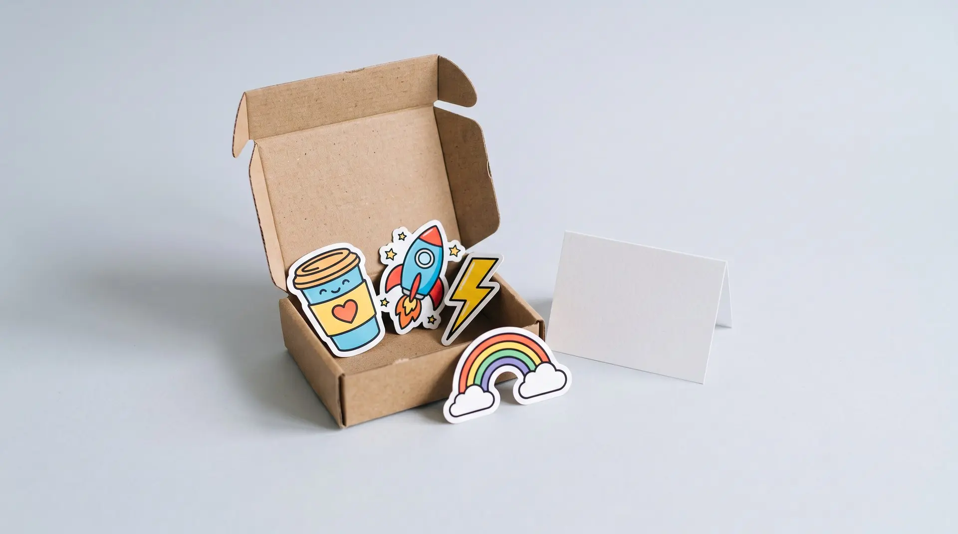 Caixa de envio de papelão aberta com adesivos recortados e um cartão dobrado em branco