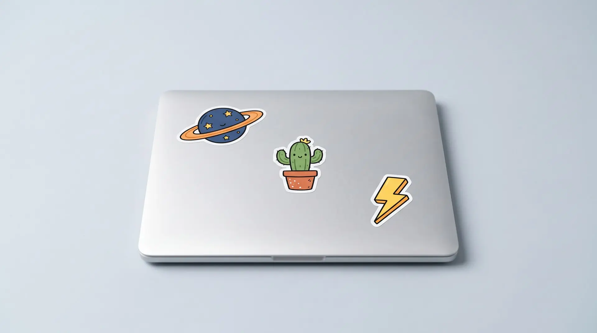 Notebook com três stickers na tampa: adesivos de vinil de planeta, cacto e raio