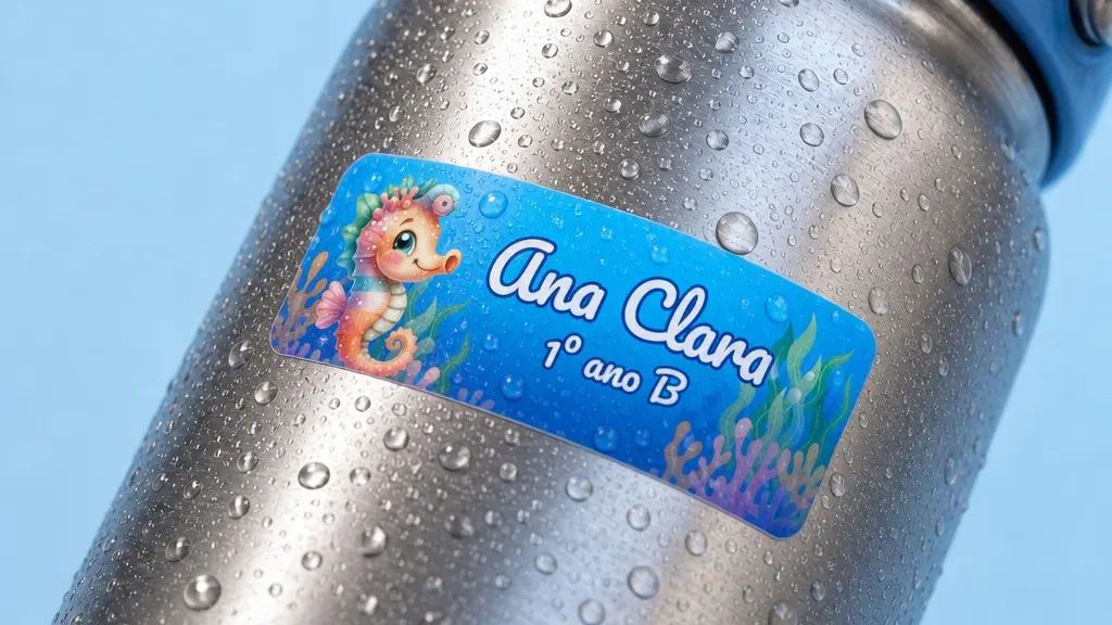 Etiqueta escolar de vinil com fundo do mar e gotas de água numa garrafinha de inox