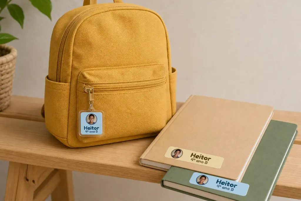 Mochila com chaveiro de acrílico e cadernos com etiquetas de safári, a foto e o nome Heitor