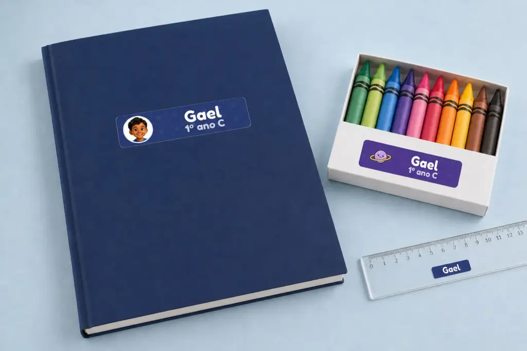Caderno de desenho, giz de cera e régua com etiquetas do espaço, o desenho 3D e o nome Gael