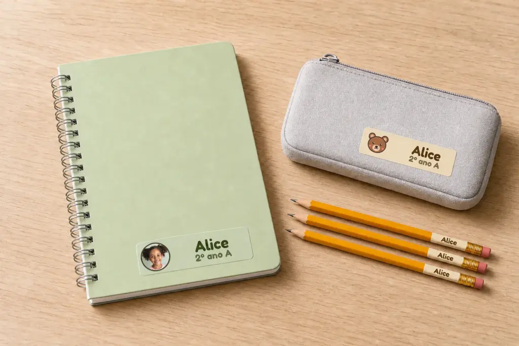 Caderno, estojo e lápis com etiquetas de bichinhos da floresta, a foto e o nome Alice