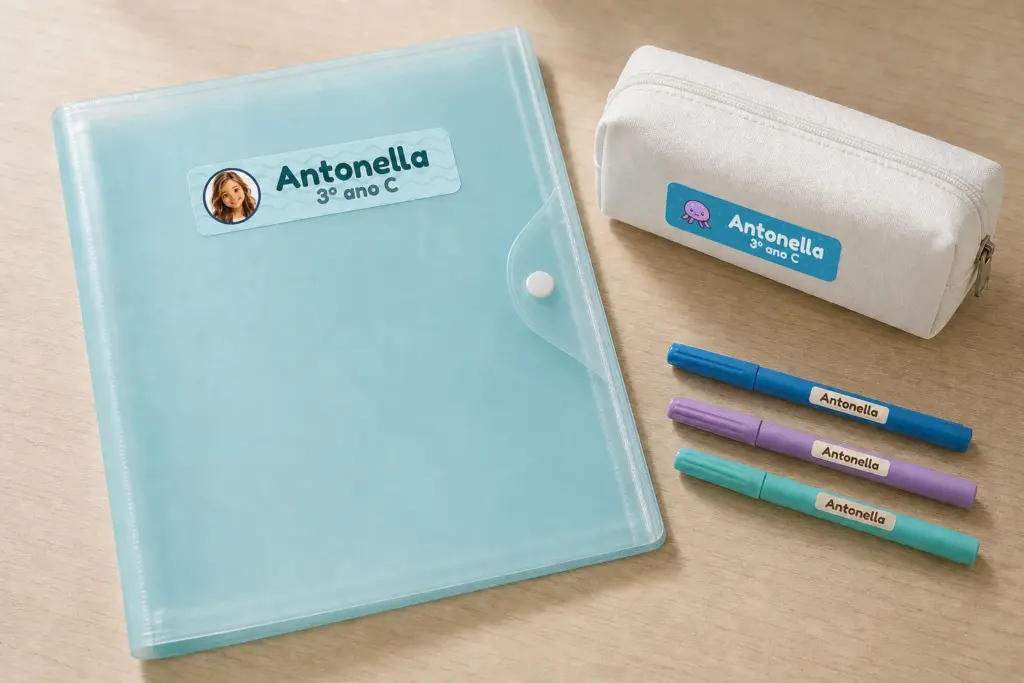 Pasta, estojo e canetinhas com etiquetas de bichinhos do mar, o desenho 3D e o nome Antonella