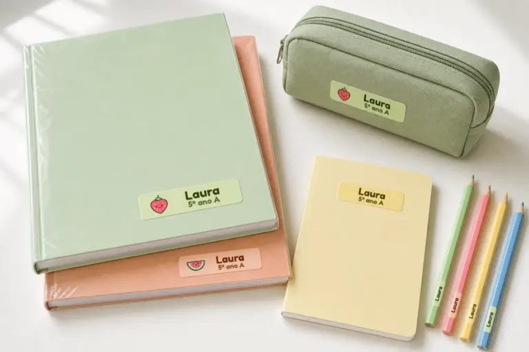 Livros, caderno, estojo e lápis com etiquetas de frutinhas e o nome Laura
